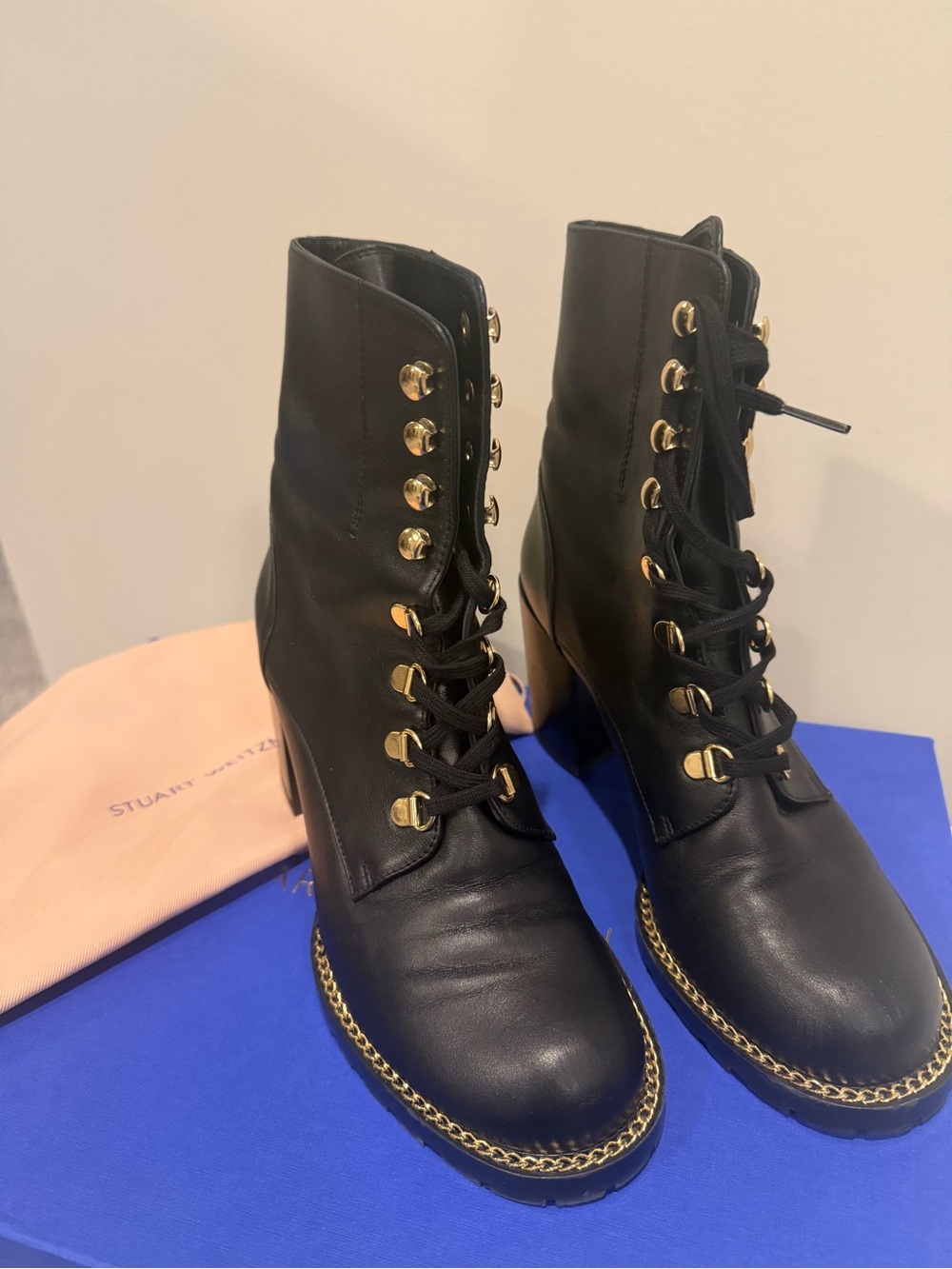 Stuart Weitzman Black Leather Lace-Up Ankle Boots with Gold Chain Trim